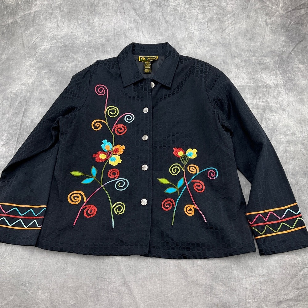 Mirasol Shacket Women Large Black Embroidery Floral Cotton Lined India Boho